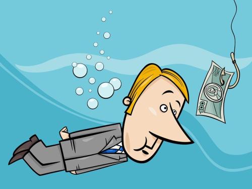 cartoon businessman underwater and banknote as a fish bait