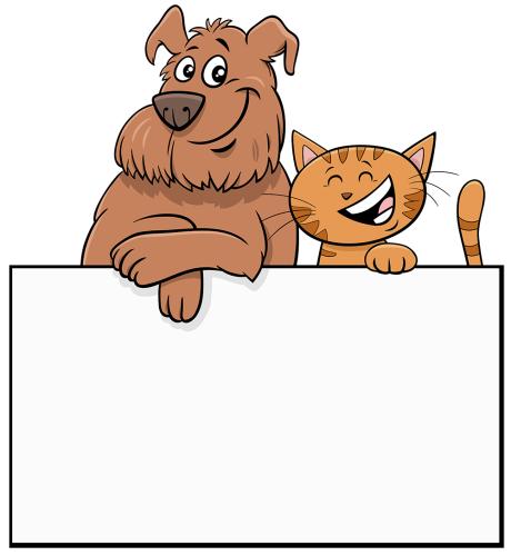 cartoon dog and cat with blank board graphic design