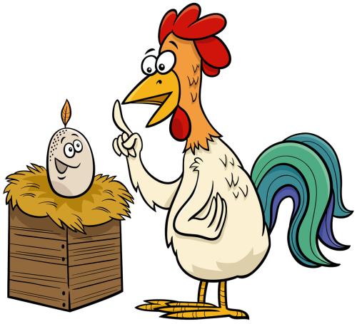 rooster and egg cartoon humorous illustration