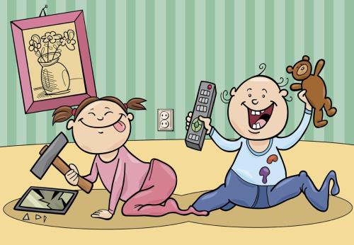 cartoon baby girl and boy playing and making a mess