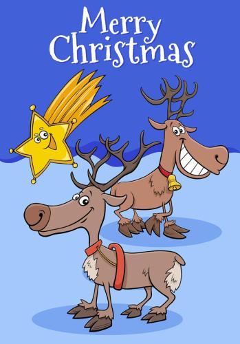 design or card with cartoon reindeers on Christmas time