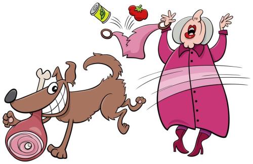 cartoon naughty dog stealing ham from an old lady