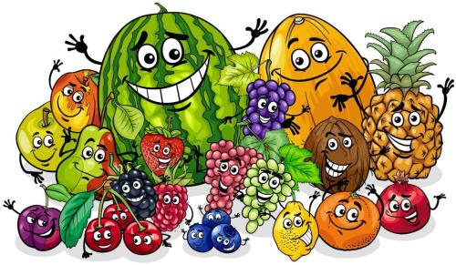 cartoon happy fruit comic characters group