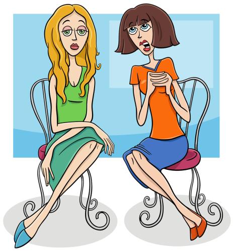 cartoon woman gossiping to another bored woman